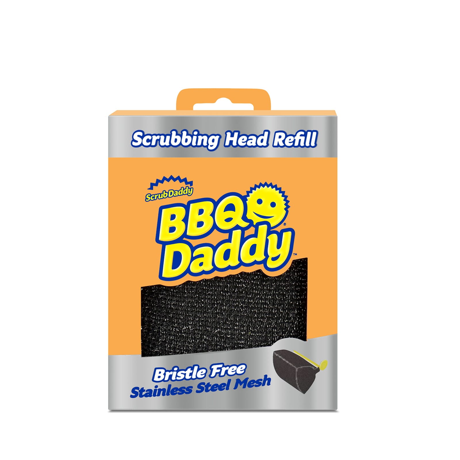 Packaging of BBQ Daddy scrubbing head refill with orange and silver design.
