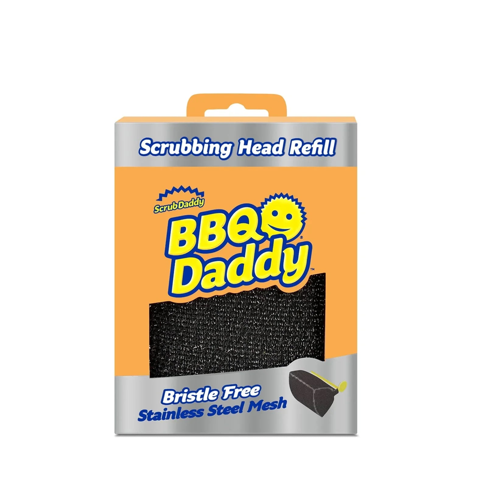 Packaging of BBQ Daddy scrubbing head refill with orange and silver design.