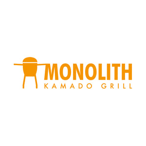 Monolith Kamado Grill logo with orange text and grill icon on a white background