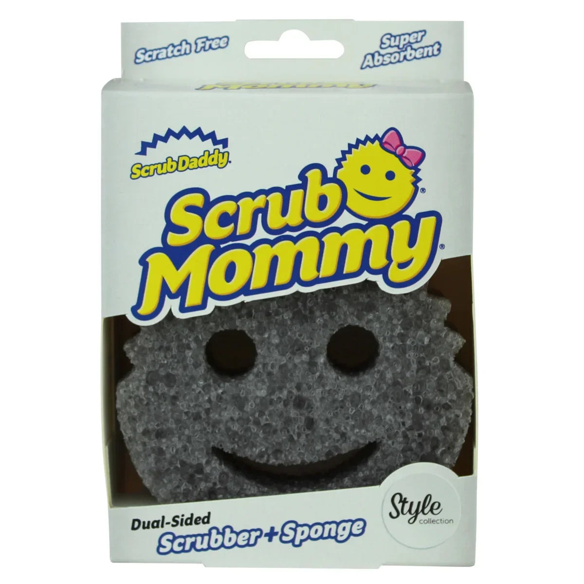 Scrub Daddy Scrub Mommy packaging with a smiley face sponge on a white background