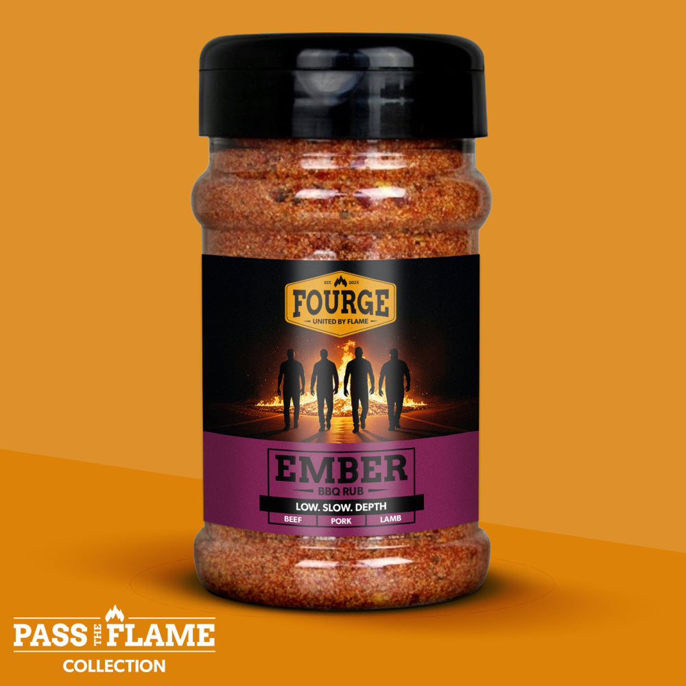 Tub of Fourge Ember BBQ Rub on an orange background