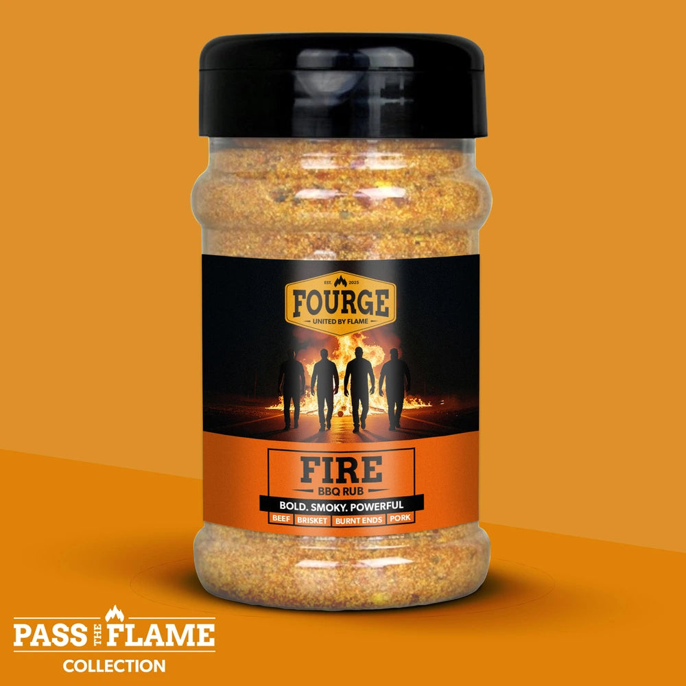 Tub of Fourge Fire BBQ Rub on an orange background