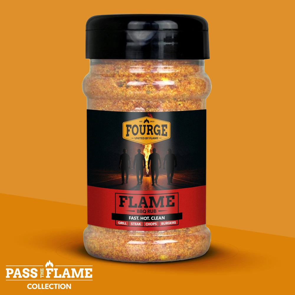 Tub of Fourge Flame BBQ Rub on an orange background