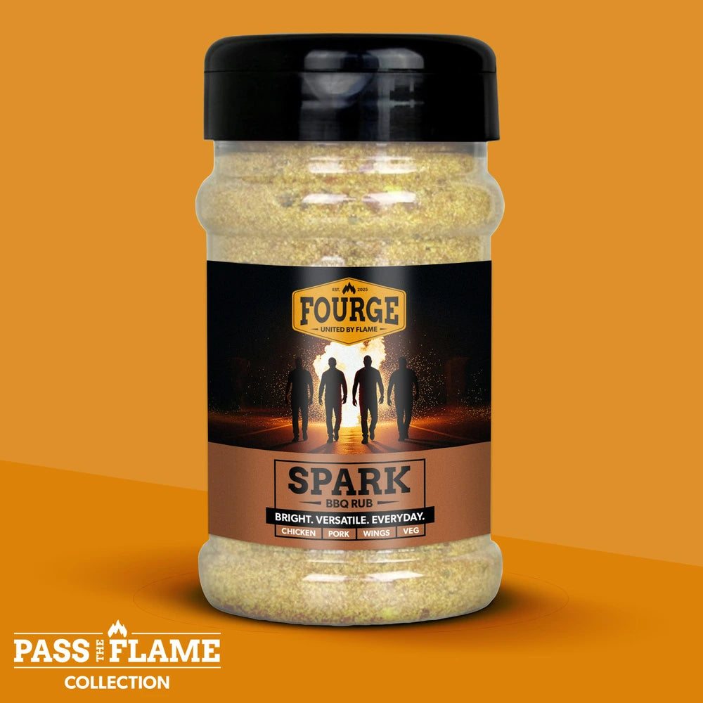 Tub of Fourge Spark BBQ Rub on an orange background