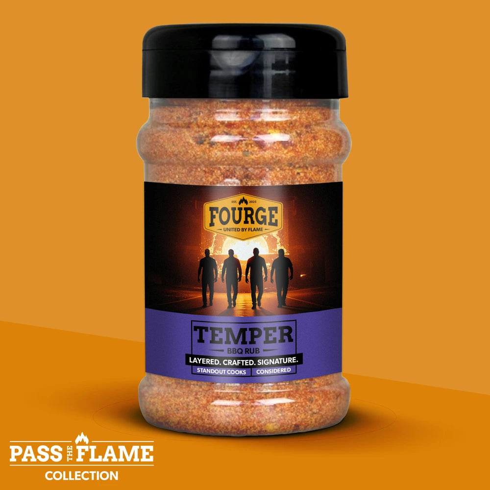 Tub of Fourge Temper BBQ Rub on an orange background