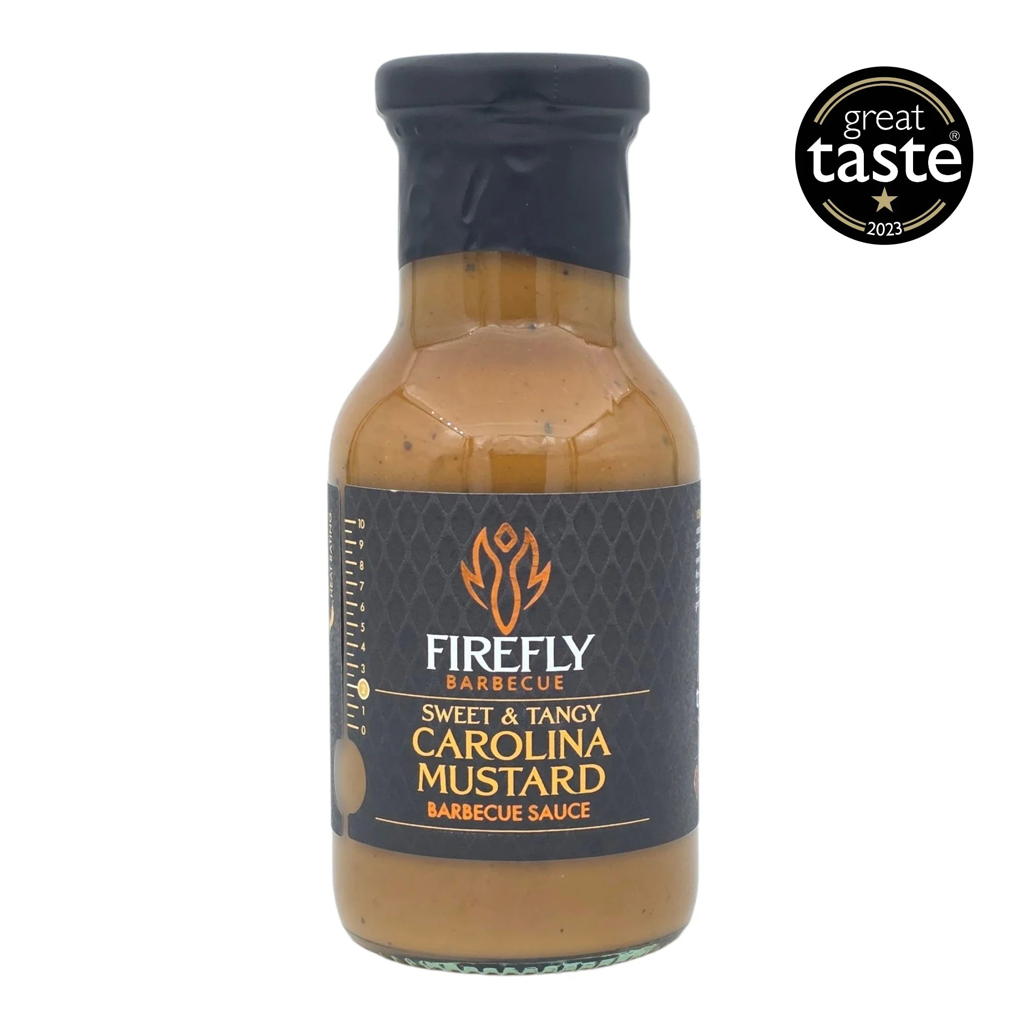 Bottle of Firefly Barbecue Sweet & Tangy Carolina Mustard Barbecue Sauce with 'Great Taste' award logo on a white background
