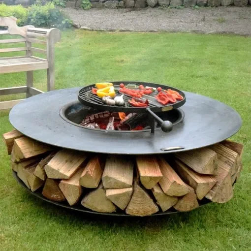 Firepits UK Flat Ring of Logs 120cm Fire Pit with Swing Arm BBQ Rack