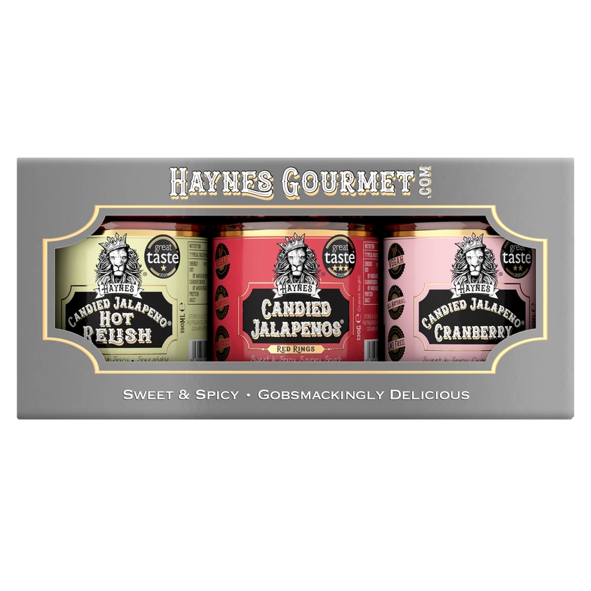 Haynes Gourmet gift set with three cans of candied jalapeños in a box.