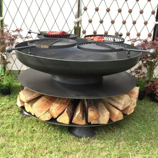 Firepits UK Ring of Logs 120cm Fire Pit with Four Swing Arm BBQ Racks – South Wales Barbecues