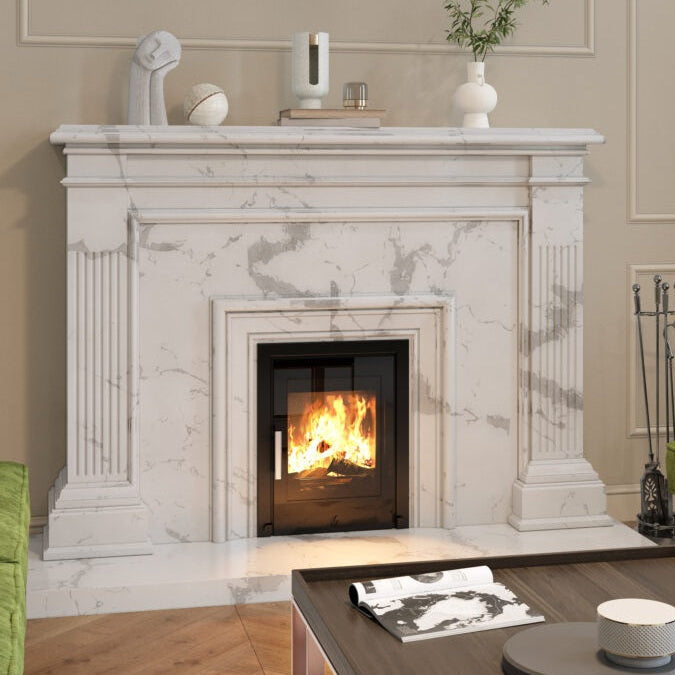 Marble fireplace with a burning fire in a living room setting.