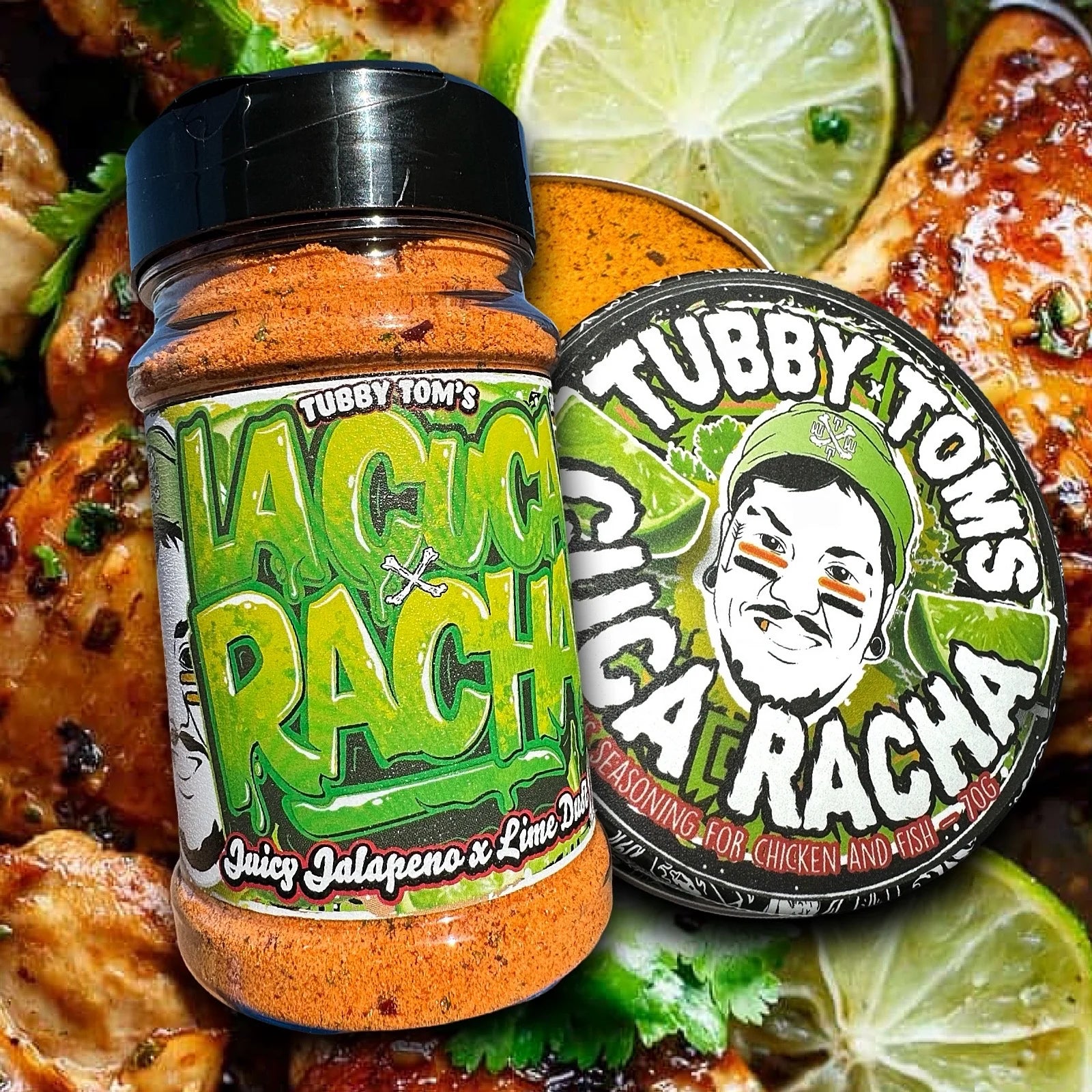 One jar and one tin of 'Tubby Tom's La Cucaracha' spice blend on a background with various food items