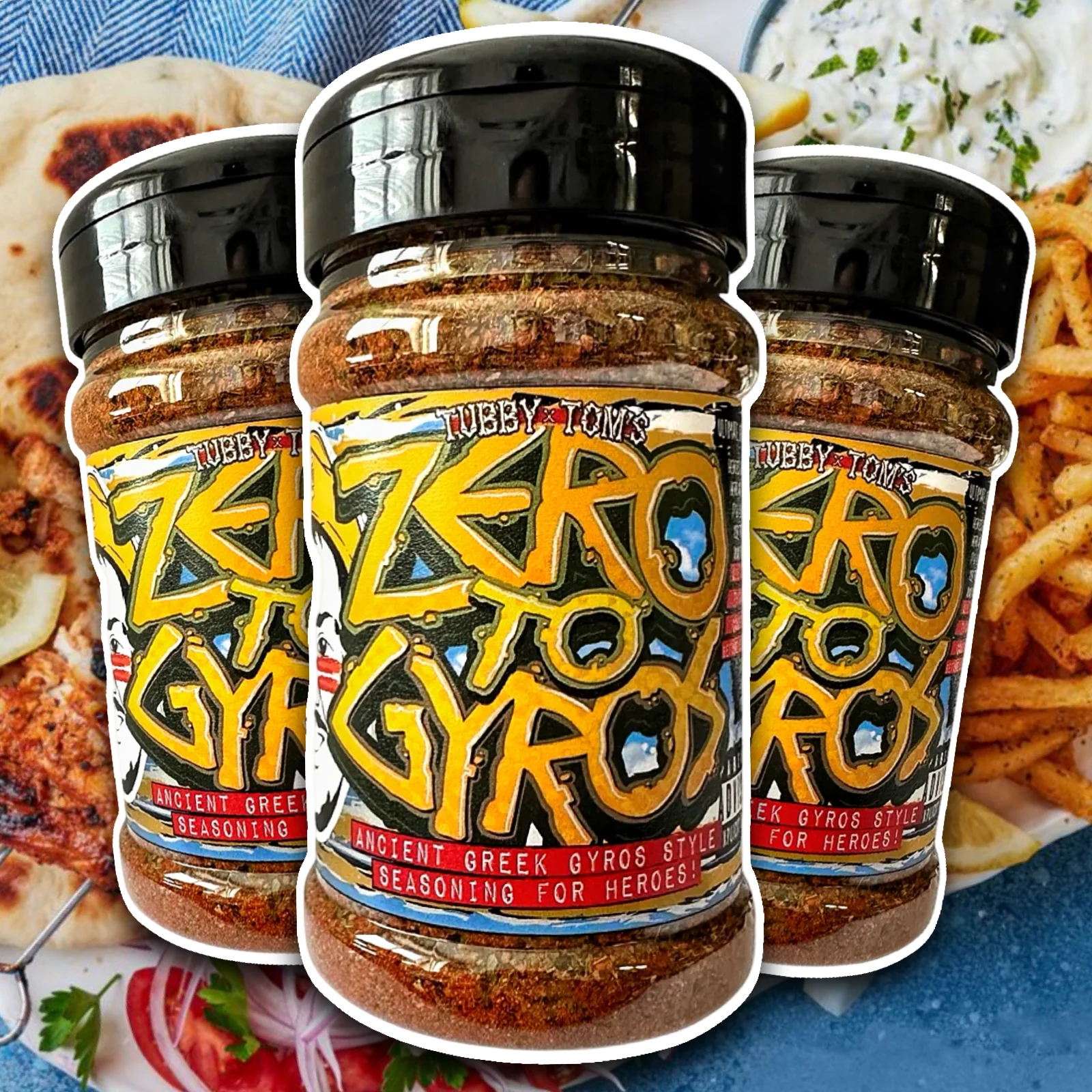 Three jars of Tubby Tom's Zero to Gyros seasoning with food items in the background.