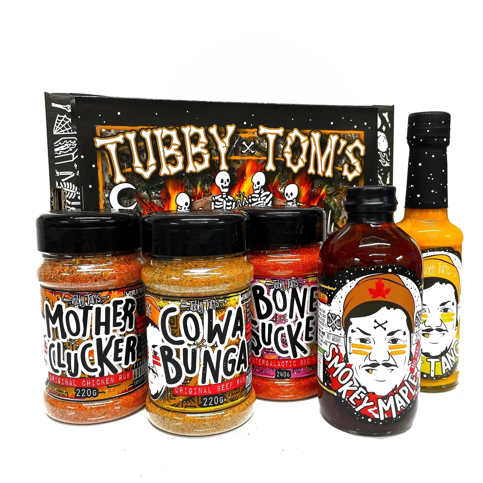 Collection of Tubby Tom's sauce bottles and seasonings on a white background