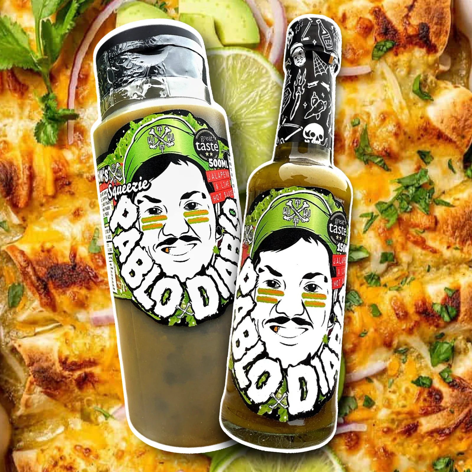 Two bottles of 'Pablo Diablo' sauce with a food in the background