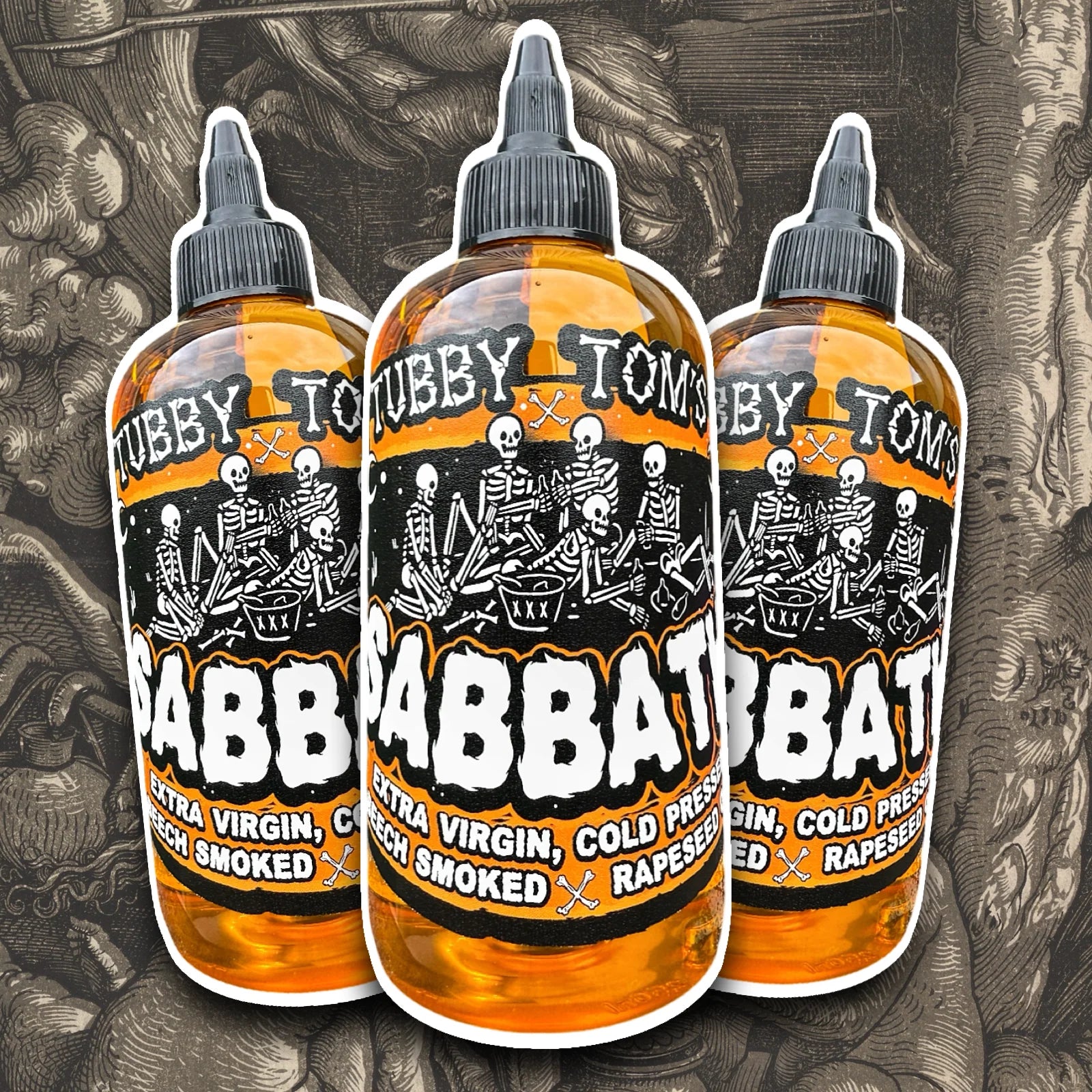 Three bottles of Tubby Tom's Sabbath oil on a detailed background