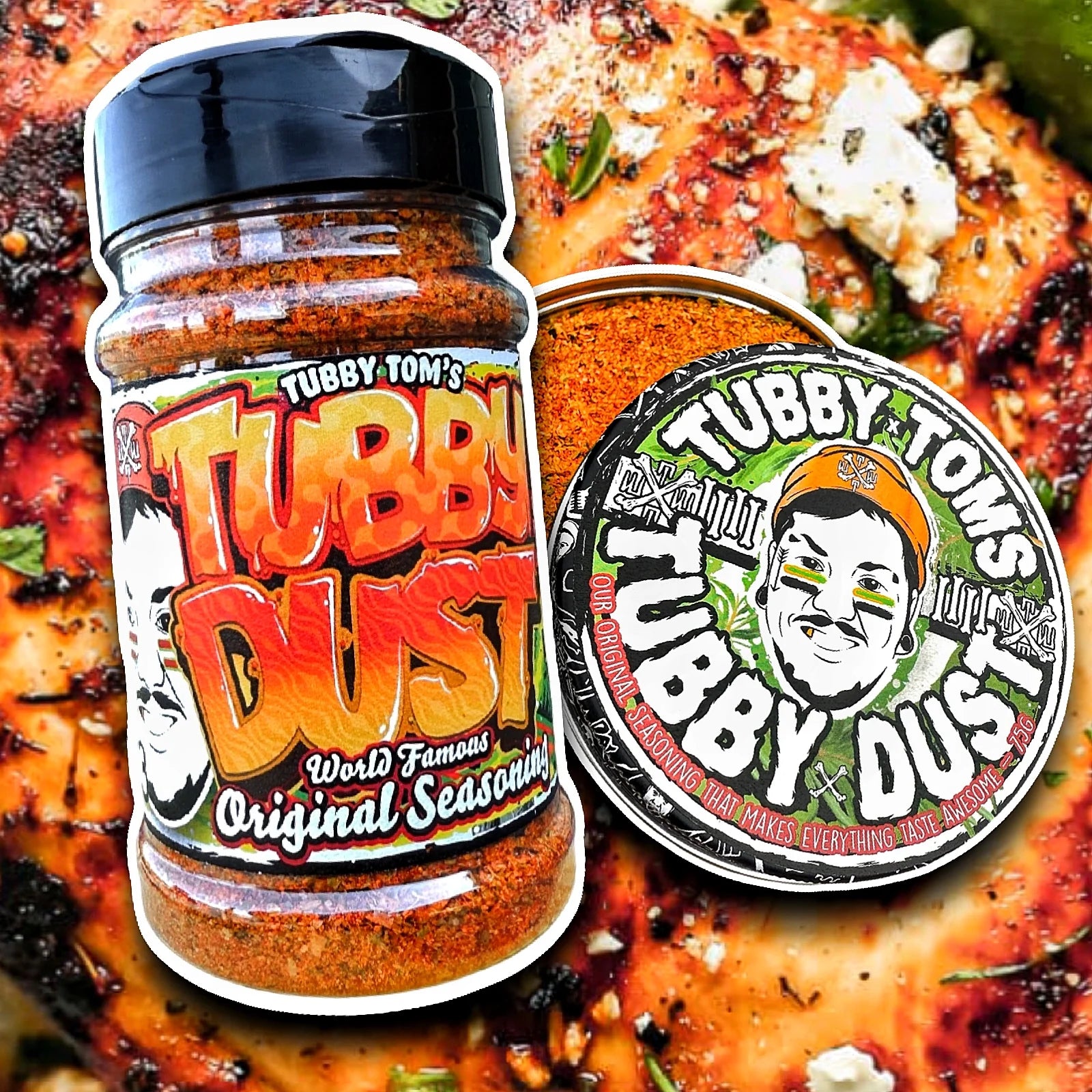 Tubby Tom's Tubby Dust seasoning jar and label on a grilled food background