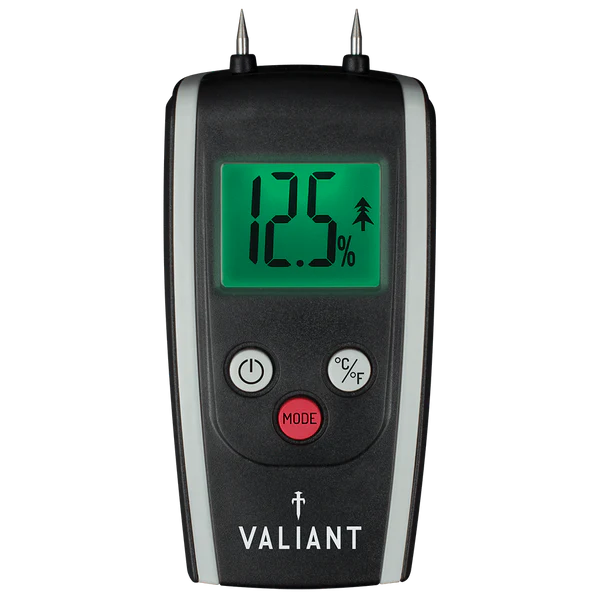 Digital moisture meter with green display and 'Valiant' branding on a white background