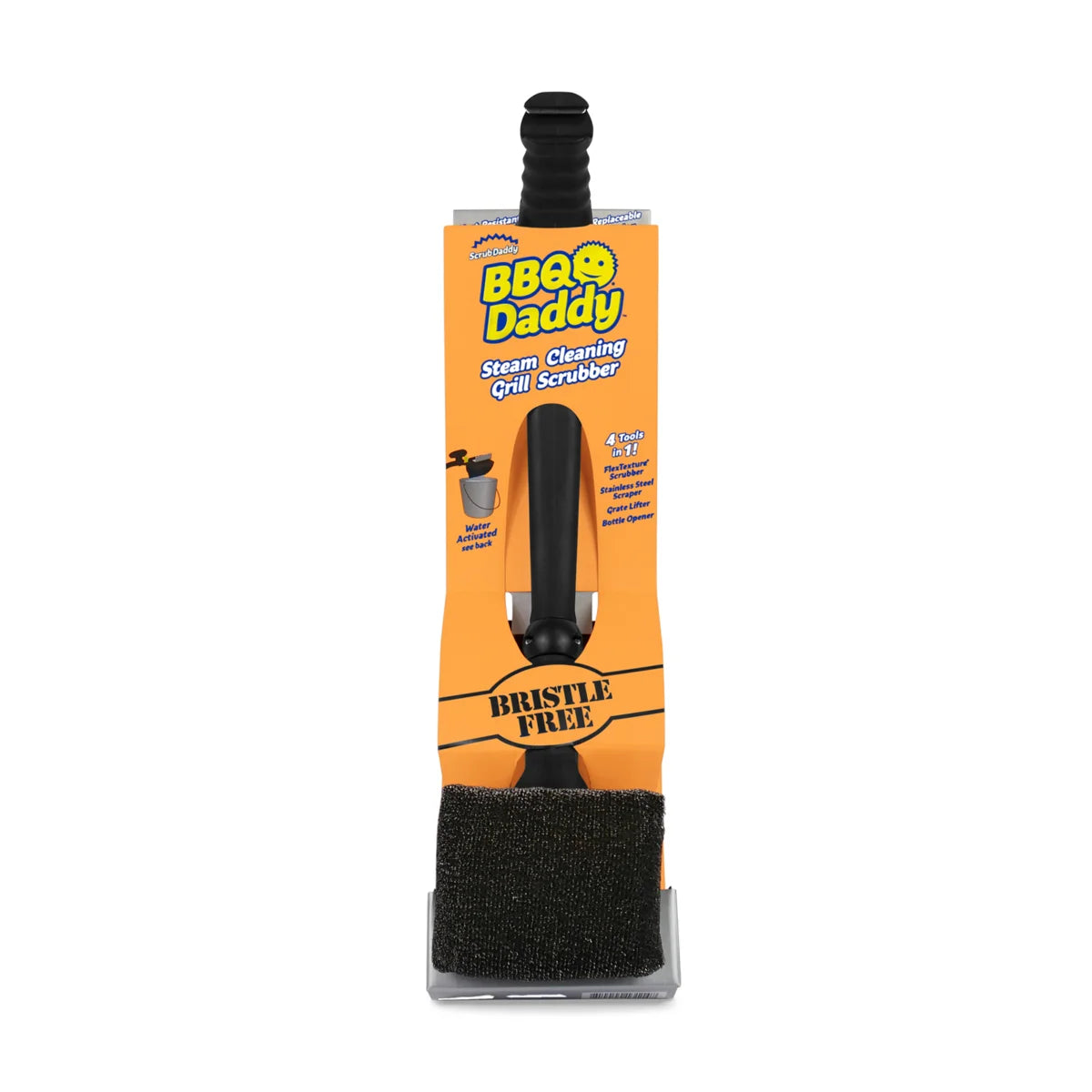 Packaged BBQ Daddy grill cleaning scrubber with black bristle-free head on a white background