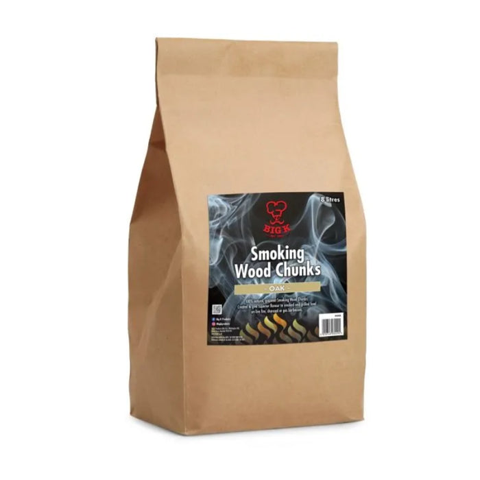 A bag of Big K Oak Smoking Wood Chunks on a white background