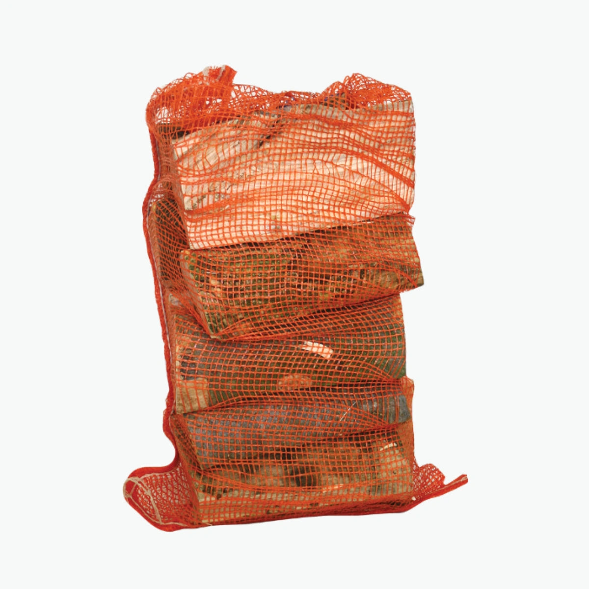 A netted bag of Big K Pizza Logs on an off-white background