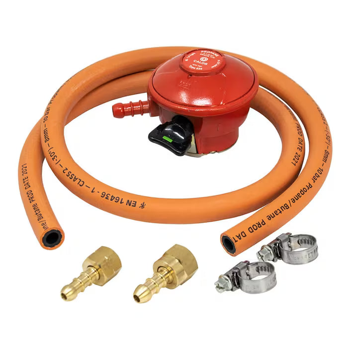 Red gas regulator with Calor branding on a white background, gas hose, gas fittings, and secure hose clips