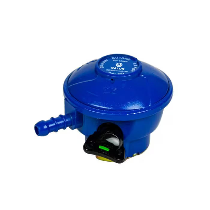 Blue butane regulator with Calor branding on a white background