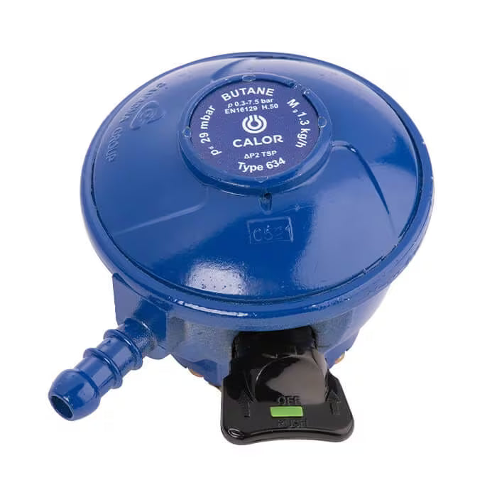 Blue butane regulator with Calor branding on a white background