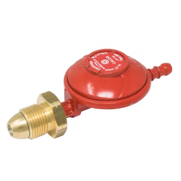 Red Calor propane regulator with brass fitting on a white background