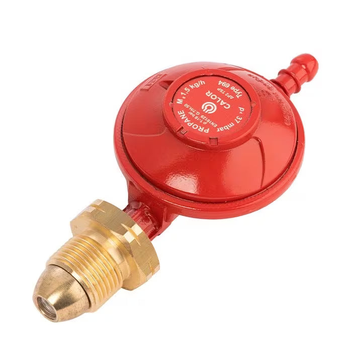 Red Calor propane regulator with brass fitting on a white background