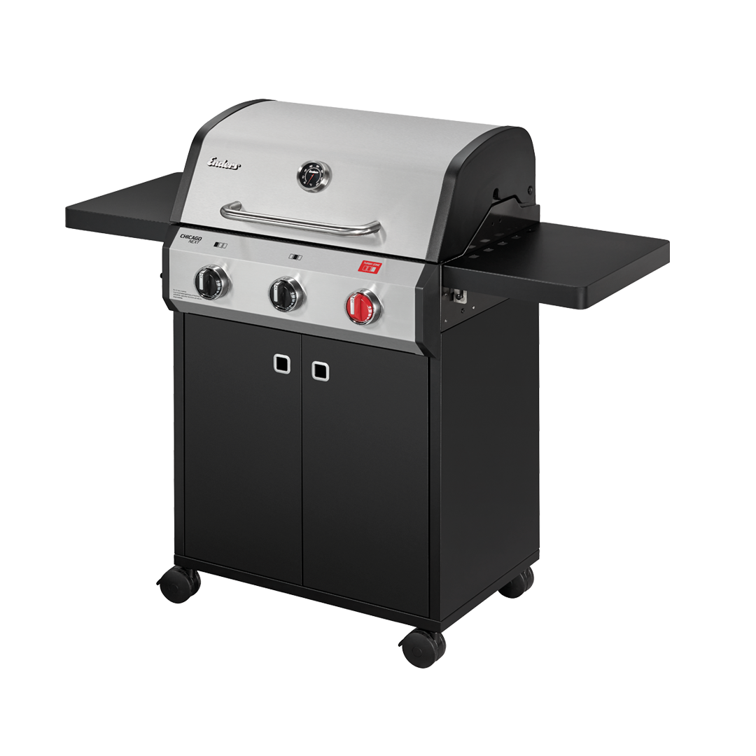 Black and silver Enders grill with three burners on a white background