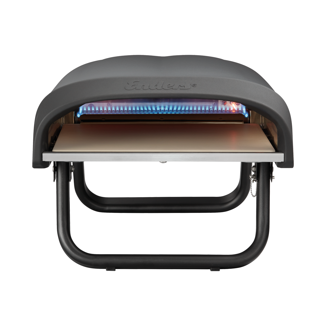 Portable outdoor pizza oven with a black exterior and open door showing glowing interior.
