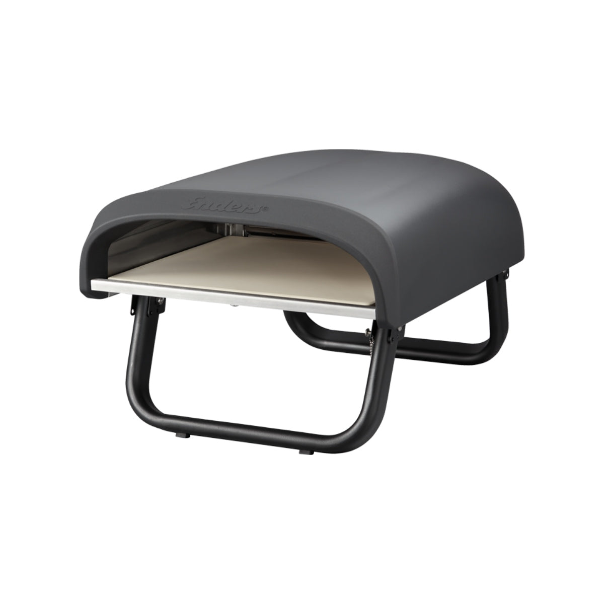 Gray outdoor pizza oven with beige interior on a white background