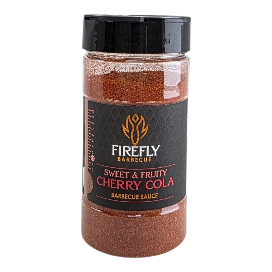 Tub of Firefly Barbecue Sweet & Fruity Cherry Cola barbecue rub on a white background