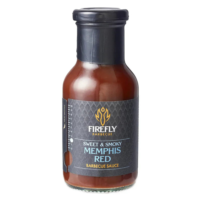 Bottle of Firefly Barbecue Sweet & Smoky Memphis Red barbecue sauce on a white background