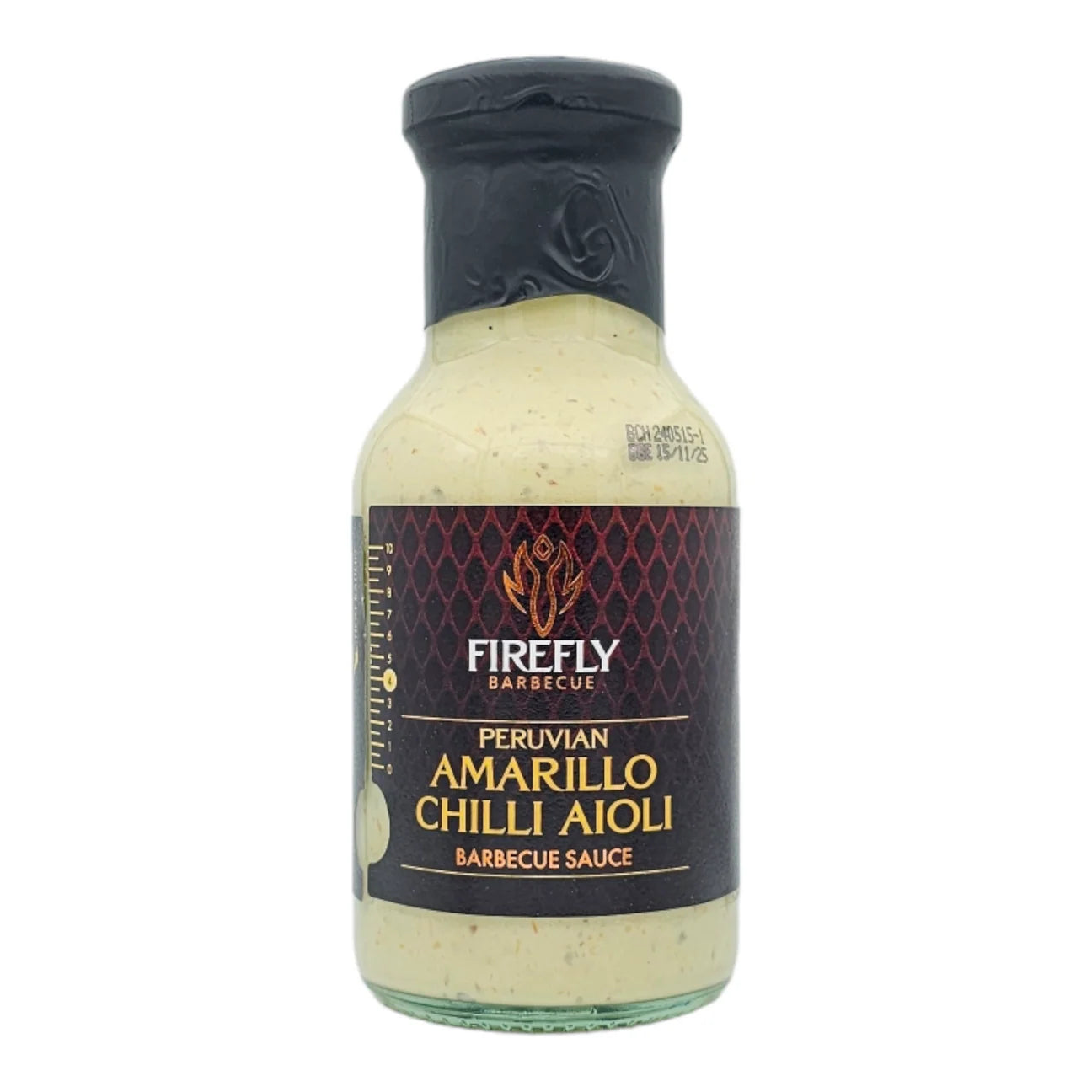 Bottle of Firefly Barbecue Peruvian Amarillo Chilli Aioli Barbecue Sauce on a white background