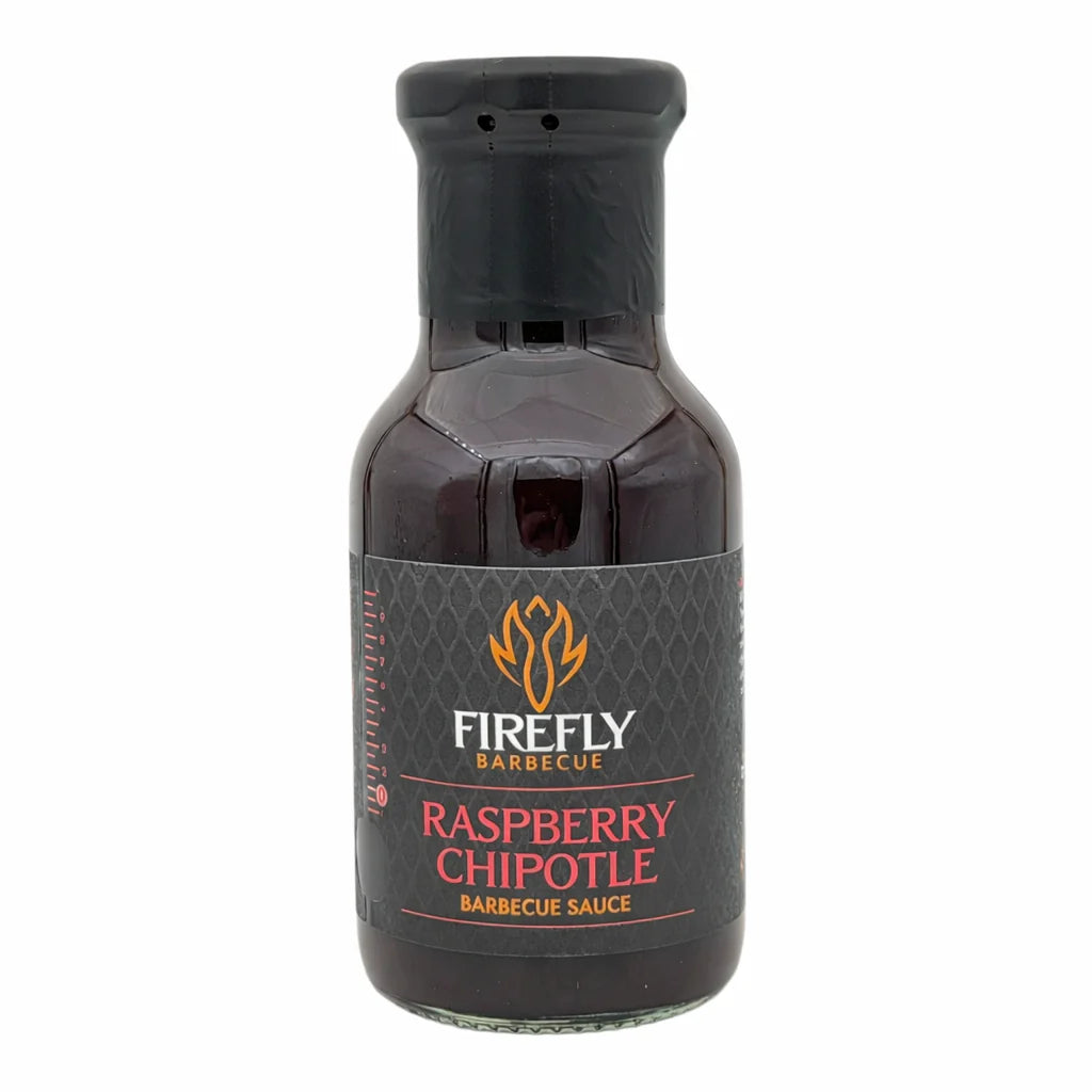 Bottle of Firefly Barbecue Raspberry Chipotle barbecue sauce on a white background