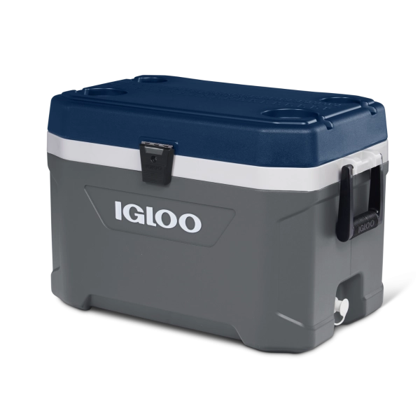 Gray and blue cooler box with Igloo branding on a white background