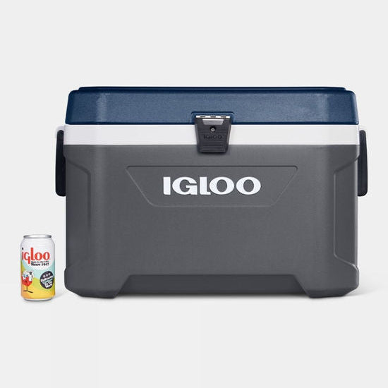 Gray and blue Igloo cooler with a can of beer on a light gray background