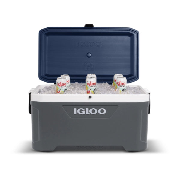 Gray Igloo cooler with open lid showing ice and drinks on a white background