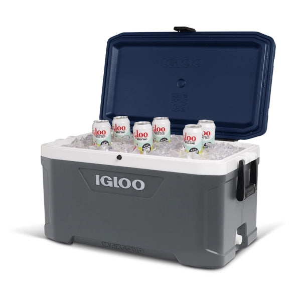 Gray Igloo cooler with open lid showing ice and drinks on a white background