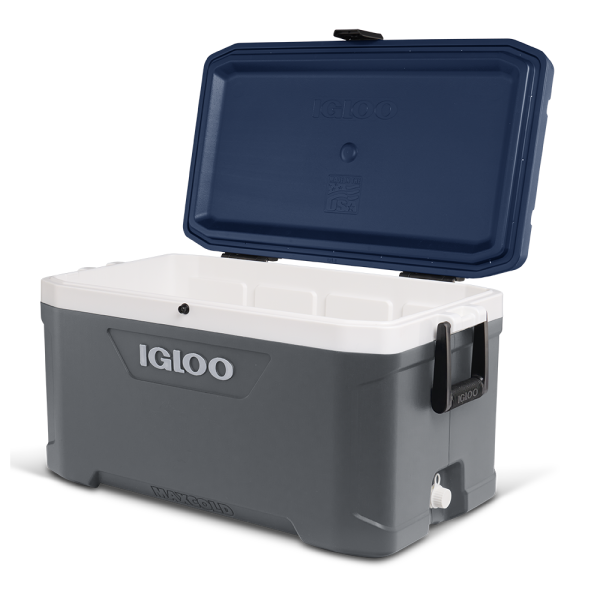 Gray and white IGLOO cooler with navy lid on a white background