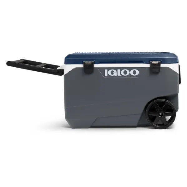 Gray and blue Igloo cooler with wheels on a white background