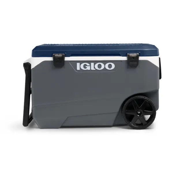 Gray and blue Igloo cooler with wheels on a white background
