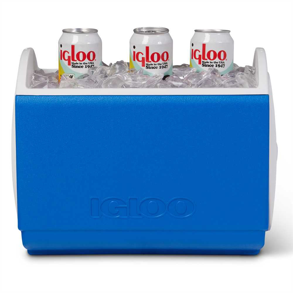 Blue and white cooler with 'Playmate IGLOO' branding filled with ice and cans on a white background