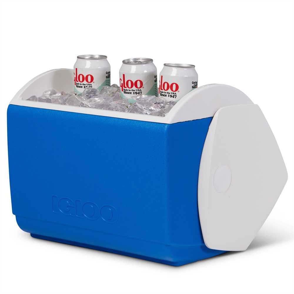 Blue and white cooler with 'Playmate IGLOO' branding filled with ice and cans on a white background