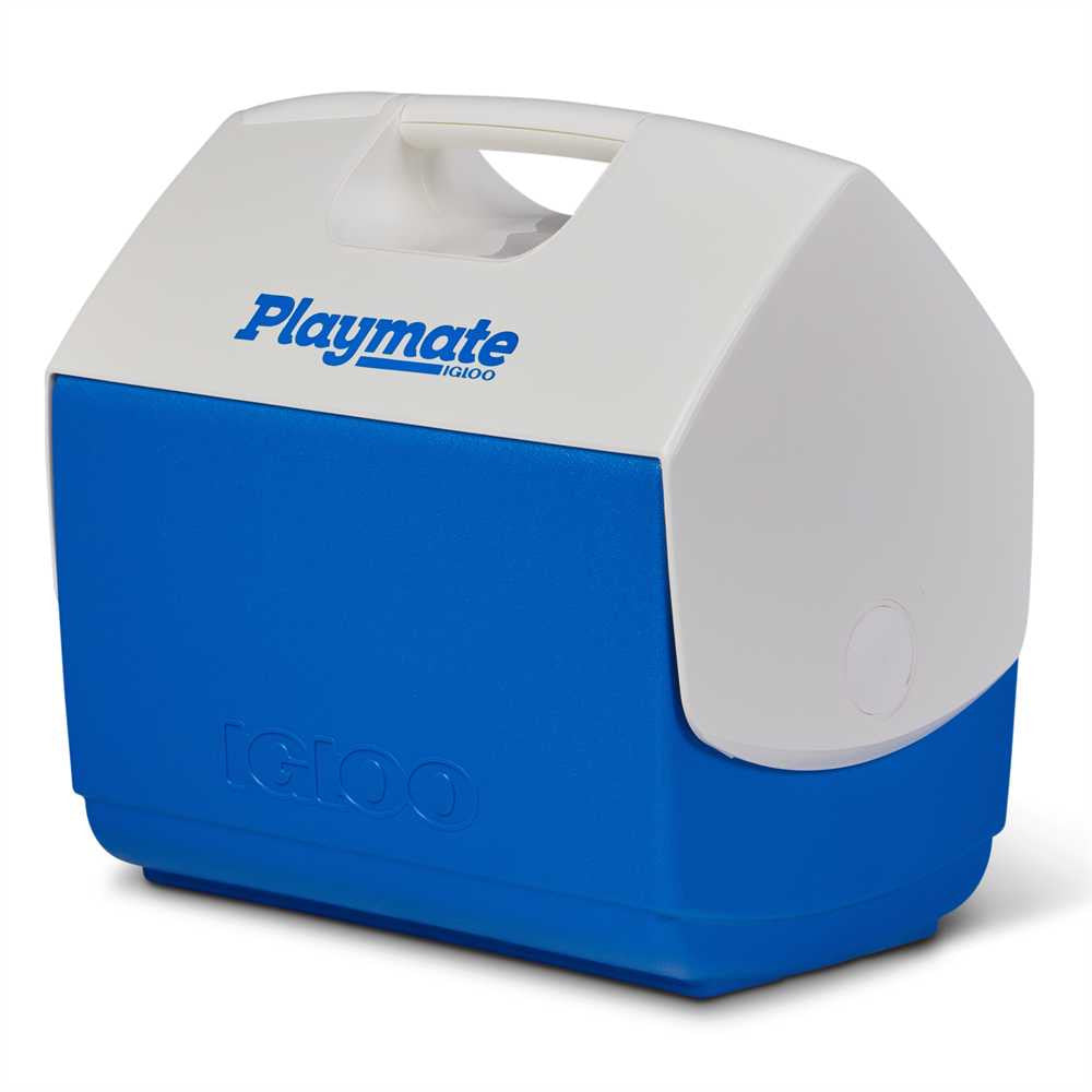 Blue and white cooler with 'Playmate IGLOO' branding on a white background