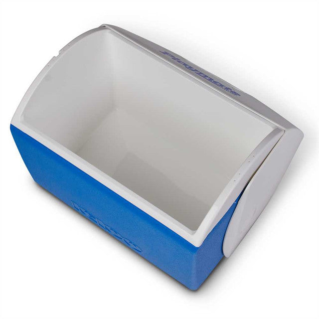 Blue and white IGLOO Playmate cooler empty on a white background