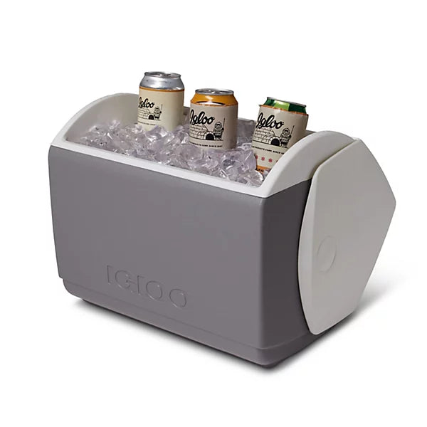 Grey and white cooler with 'Playmate IGLOO' branding filled with ice and cans on a white background