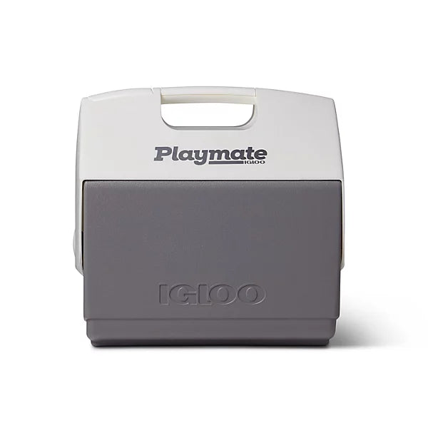 Gray and white cooler with 'Playmate' and 'IGLOO' branding on a white background