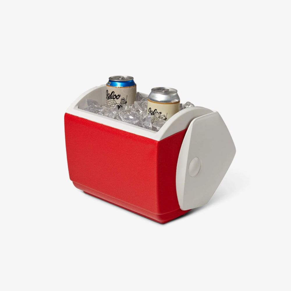 Red and white IGLOO Playmate cooler with ice and cans on a light gray background